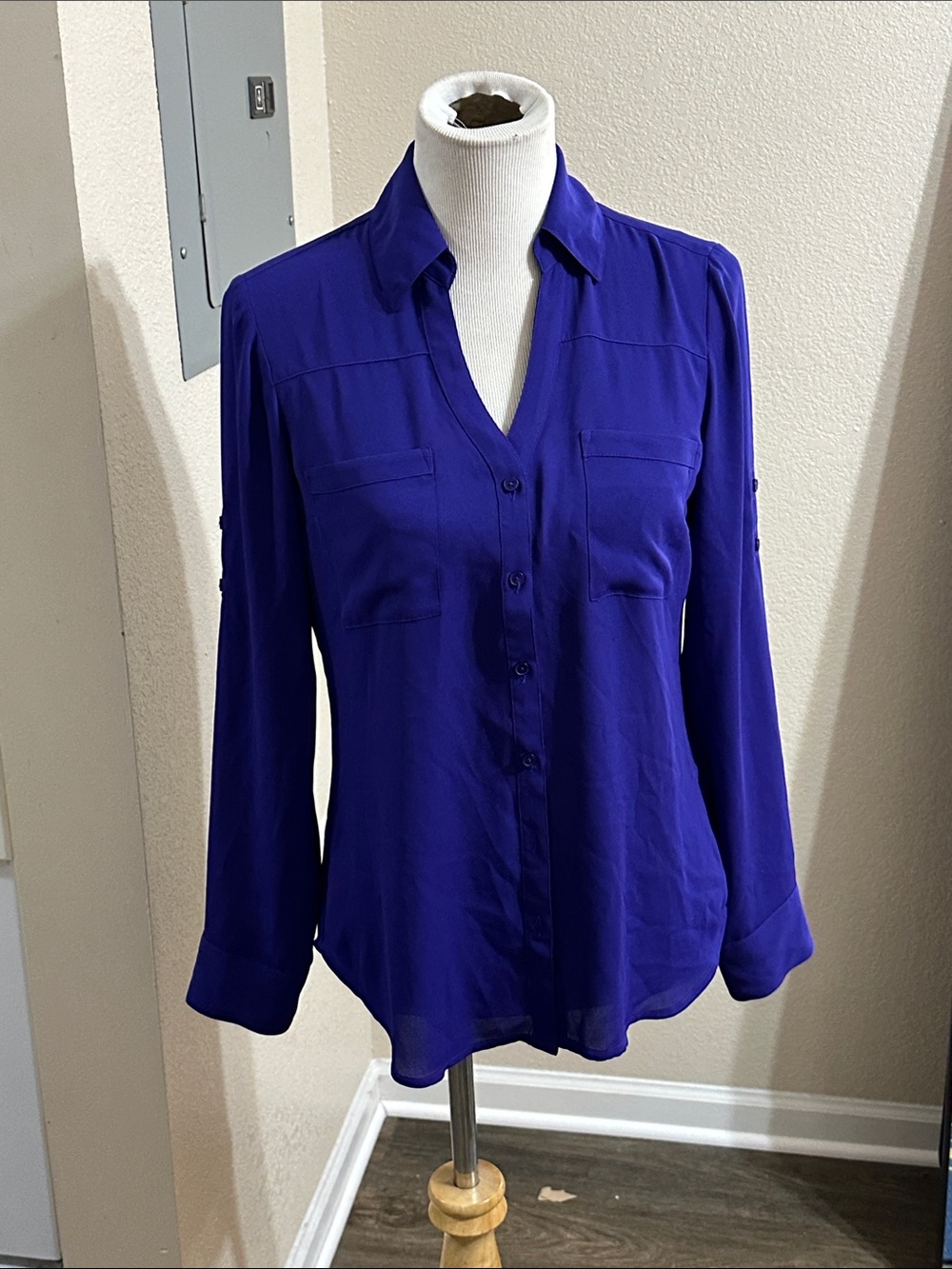 Express Cobalt Blue Long-Sleeve Button-Down Blouse